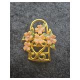 Gold Flower Basket Brooch with Pink Blossoms