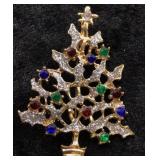 Gold Christmas Tree Brooch w/ Colorful Rhinestones
