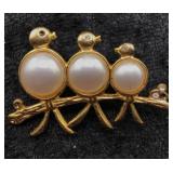 Gold Bird Trio Brooch with Faux Pearls