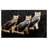 Vintage Triple Black Cat Enamel Brooch Pin