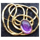 Bold Abstract Gold Brooch w/ Purple Glass Stone
