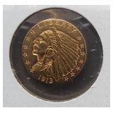 1913 $2.50 Indian Head Gold Quarter Eagle 90%Gold
