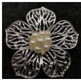 Silver Flower Brooch w/ Pearls & Rhinestones