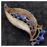Vintage Blue Rhinestone Leaf Brooch