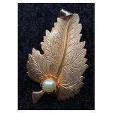 Gold Leaf Brooch w/ Faux Pearl Accent