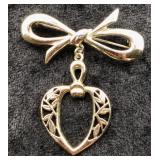 Gold Bow and Heart Dangle Brooch Pin
