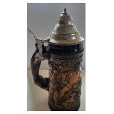 German Style Beer Stein Figural Handle Pewter Lid