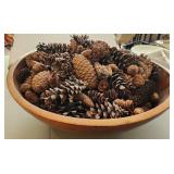 LG Antique Wooden Crock Bowl W Pine Cones