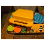 Flat of art supplies and vintage stencils