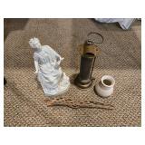 Vintage Decor Lot: Bisque Statue, Brass Miner Lamp