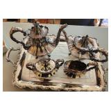 5 PC Silver Plate Serving Platter & 4 Tea Kettles