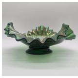 Fenton Green Stippled Rays Carnival Glass Bowl