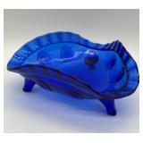 L.E. Smith Blue Glass Triple-Footed Dish