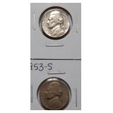 JEFFERSON NICKELS-1953-P 1953-S