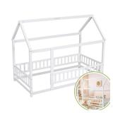 Oak White Twin House Floor Bed w/ Fence New in Box