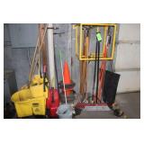 Group of Mops, Buckets, Rakes, Brooms, Etc.