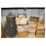 (9) Wooden Crates Assort. Sizes, (12) Wire Baskets