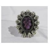 Amethyst & German Silver Ring Sz 9