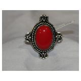 Red Coral & German Silver Ring Sz 8