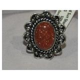 Red Sun Stone & German Silver Ring Sz 8