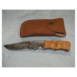 MHS Cutlery Damascus Folding Knife w/ Tan 7" Case