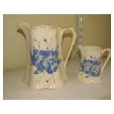 2 Blue & White Pottery Pitchers Left 7" T