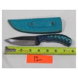 Damascus Knife w/ Blue Handle & Turquoise Sheath