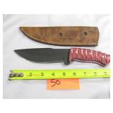 Hunting Knife w/ Red & Black Handle & Belt Sheath