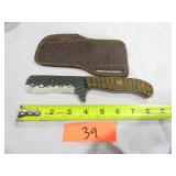 Damascus Knife w/ Green & Orange Handle w/ Sheath