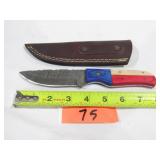 Damascus Knife w/ Red, White, Blue Handle