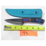 Damascus Knife w/ Blue & Orange Handle