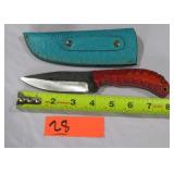 Damascus Knife w/ Red Handle & Turquoise Sheath