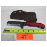 Damascus Knife w/ Red & Blue Handle w/ Sheath