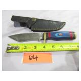 Damascus Knife w/ Blue & Red Handle w/ Sheath