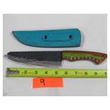 Damascus Knife w/ Green & Red Handle