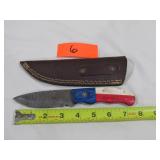 Damascus Red White & Blue Handle Knife
