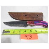 Damascus Knife w/ Pink & Blue Handle w/ Sheath