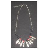 Red and blue beads with silver leafs necklace