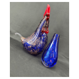 Art Glass Rooster Figurine and Bud Vase Set