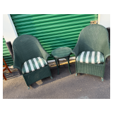 Three-Piece Green Wicker Patio Set with Striped Cushions