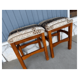 Pair of Wooden Stools with Patterned Upholstered Seats