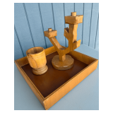 Handmade Wooden Tray with Carved Candelabra and Cup Set