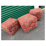 Set of Three Red Tapestry Fabric Cube Ottomans