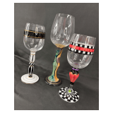 Set of Three Decorative Painted Stemware Glasses