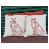 Set of Four Decorative Throw Pillows with Fox Embroidery and Solid Velvet Accents