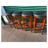 Set of Four Wooden Bar Stools with Black Upholstered Seats