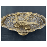 Brass Pedestal Bowl with Three Bird Figurines