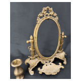 Ornate Antique Brass Tabletop Vanity Mirror and Bud Vase Set