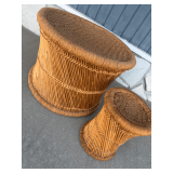 Pair of Woven Rattan Hourglass Stools