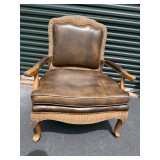 French Louis XV Style Carved Wood and Leather Armchair
